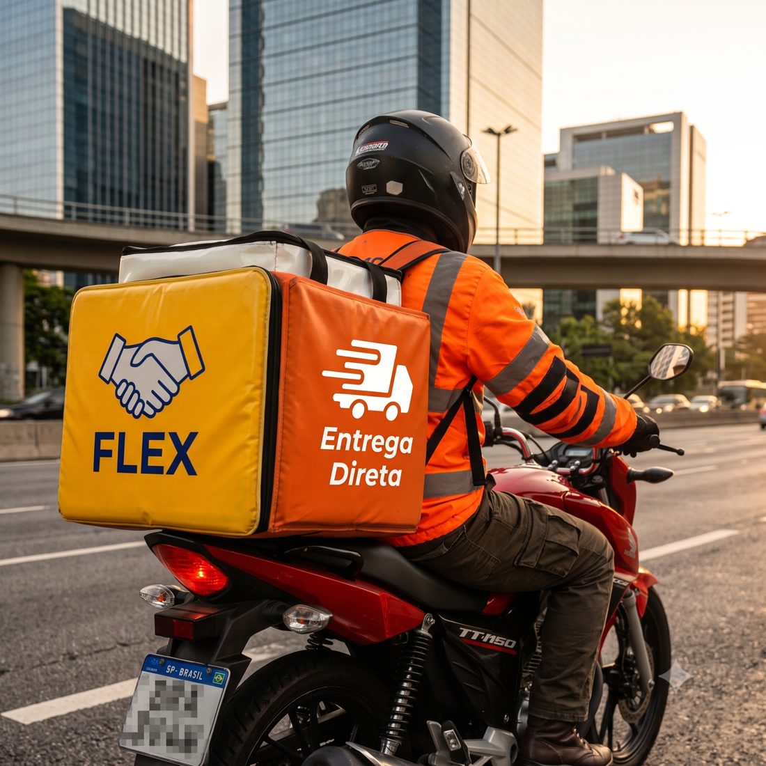 Motoboy da BIBI Flex com baús Mercado Envios Flex e Shopee Entrega Direta em São Paulo